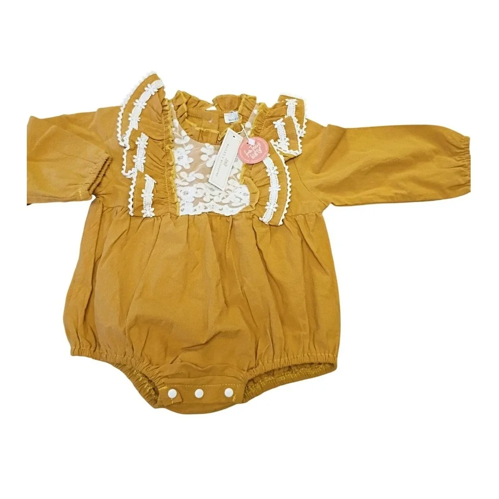 Baileys Blossoms Mustard Yellow Lace Ruffle Long Sleeve‎ Bubble Romper NWT